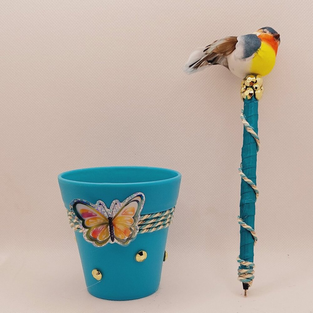 Blue Bird Pen Set with Small Turquoise Decorative Flowerpot Organizer